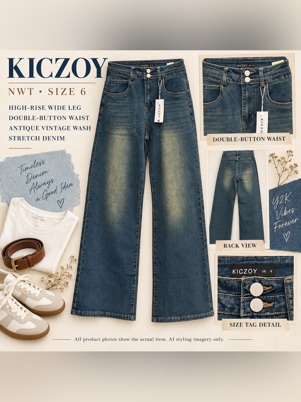 KICZOY NWT Size 6 High Rise Wide Leg Jeans Double Button Vintage Wash Y2K skate